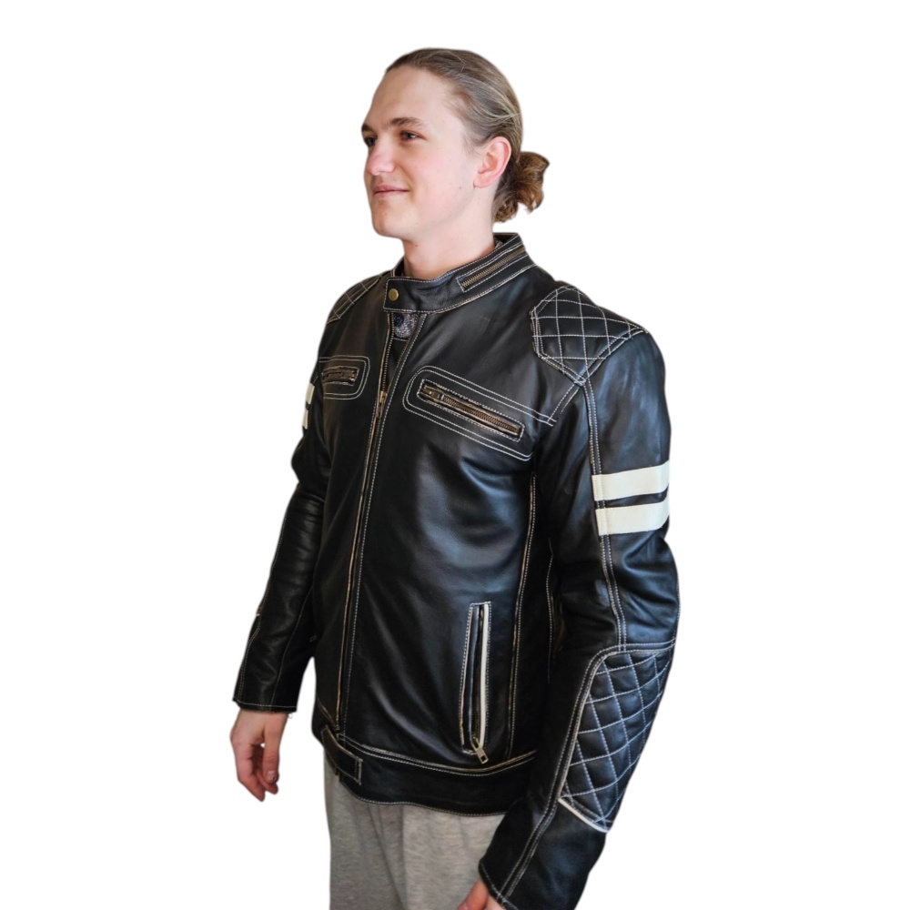 Nervada förstklassig skinnjacka i kraftigt koskinn